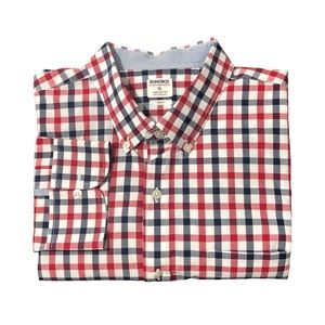 BONOBOS Slim Fit Gingham Long Sleeve Button Down Shirt Pocket Red Black Sz XL
